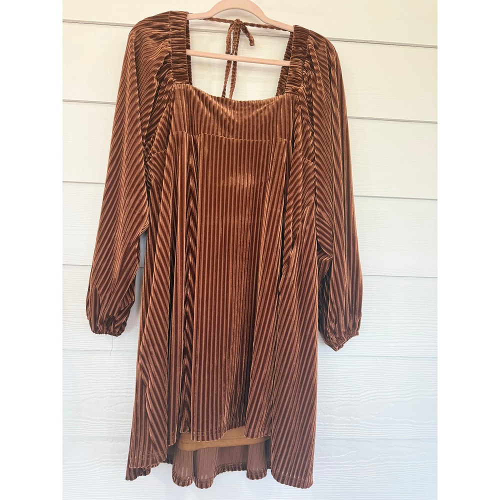 B- 54- Brown Pleated Velvet Square Neck Long Sleeve Mini Dress XL